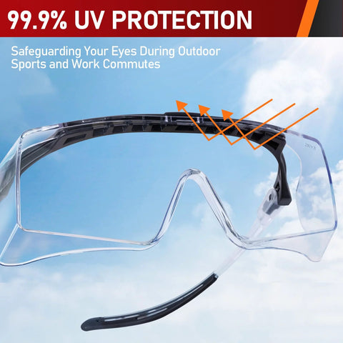 Over Eyeglasses Safety Glasses With Anti Fog ANSI Z87.1 UV And Adjustable Arms highlighting 99.9% UV protection outdoors