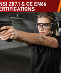 Woman wearing Over Eyeglasses Safety Glasses With Anti Fog ANSI Z87.1 UV And Adjustable Arms at a shooting range.