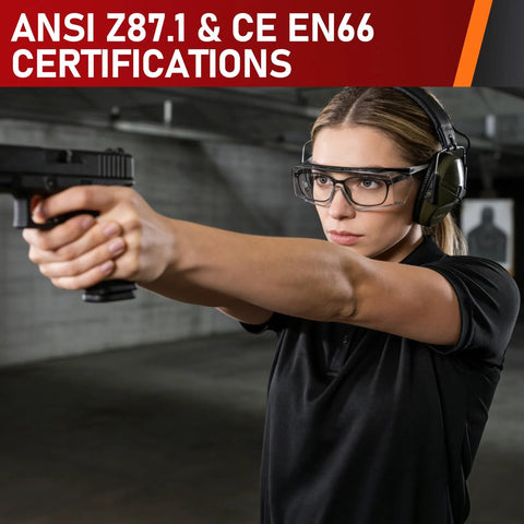 Woman wearing Over Eyeglasses Safety Glasses With Anti Fog ANSI Z87.1 UV And Adjustable Arms at a shooting range.