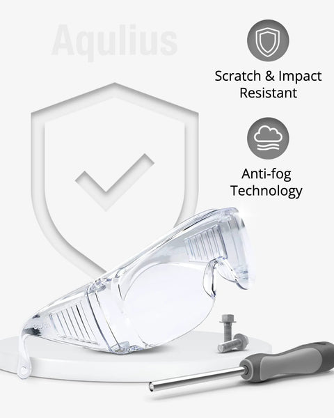 Over Eyeglasses Safety Glasses With Anti Fog Scratch Resistant Coating Pack Of 3 with shield icons and screwdriver