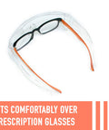 Over Eyeglasses Safety Glasses With Anti Fog Scratch Resistant Coating Pack Of 3, clear with orange arms, fits over prescription glasses