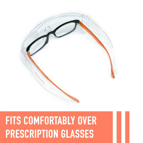 Over Eyeglasses Safety Glasses With Anti Fog Scratch Resistant Coating Pack Of 3, clear with orange arms, fits over prescription glasses