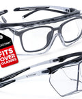 Over Eyeglasses Safety Glasses With Anti Fog ANSI Z87.1 UV And Adjustable Arms, clear polycarbonate frame, front and side view