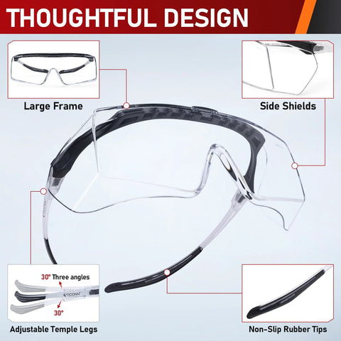 Over Eyeglasses Safety Glasses With Anti Fog ANSI Z87.1 UV And Adjustable Arms, featuring large frame and side shields