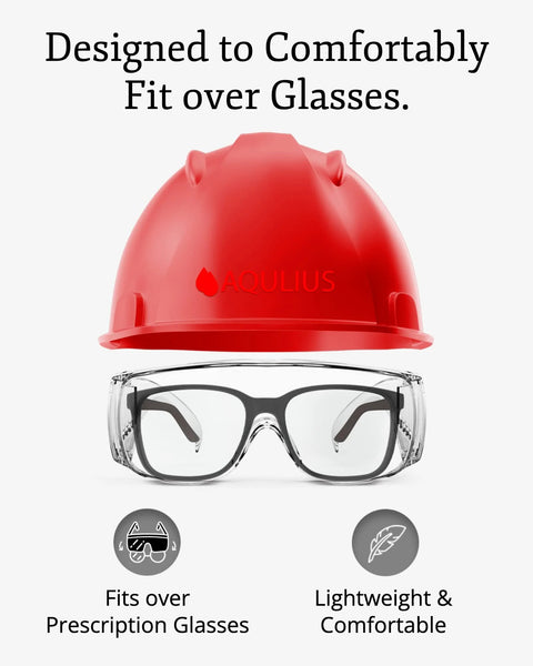 Aqulius Over Eyeglasses Safety Glasses With Anti Fog Scratch Resistant Coating Pack Of 3 shown under red helmet