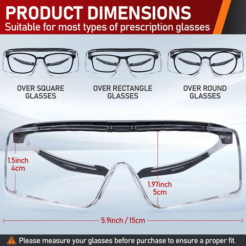 Over Eyeglasses Safety Glasses With Anti Fog ANSI Z87.1 UV And Adjustable Arms, dimensions for various prescription glasses