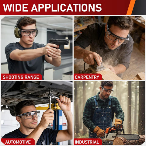 Wide applications of Over Eyeglasses Safety Glasses With Anti Fog ANSI Z87.1 UV And Adjustable Arms in shooting, carpentry, automotive, industrial settings