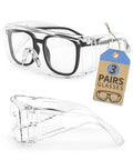 Front and side view of Three Pack Over Eyeglasses Safety Goggles ANSI Z87.1 Anti Fog Scratch UV Wrap with packaging tag