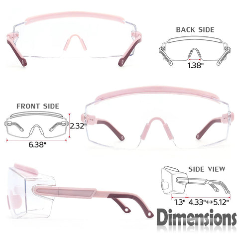 Dimensions of Over Glasses Safety Goggles With Anti Fog Clear Wraparound Lens ANSI Z87.1 in front, back, side views
