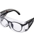 Clear over-glasses safety goggles with black arms, designed for prescription eyewear. Anti-fog lenses for lab and workshop use.