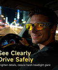 Smiling man wearing Over Glasses Night Driving Glasses With Polarized UV400 Anti Glare Yellow Lens while driving at night