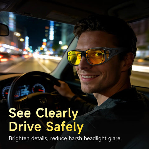 Smiling man wearing Over Glasses Night Driving Glasses With Polarized UV400 Anti Glare Yellow Lens while driving at night