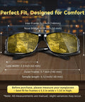 Over Glasses Night Driving Glasses With Polarized UV400 Anti Glare Yellow Lens showing measurements on wooden surface