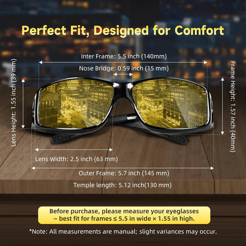 Over Glasses Night Driving Glasses With Polarized UV400 Anti Glare Yellow Lens showing measurements on wooden surface