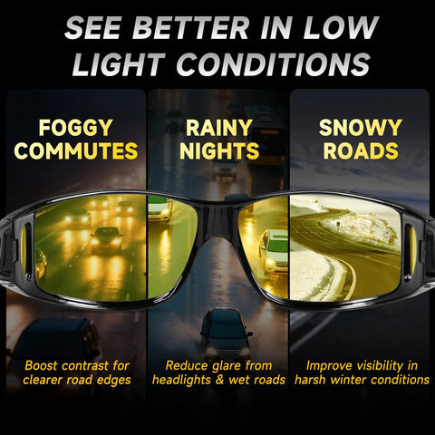 Image showing Over Glasses Night Driving Glasses With Polarized UV400 Anti Glare Yellow Lens enhancing vision in foggy, rainy, snowy conditions.