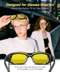 Two people wearing Over Glasses Night Driving Glasses With Polarized UV400 Anti Glare Yellow Lens, designed for glasses wearers at night.
