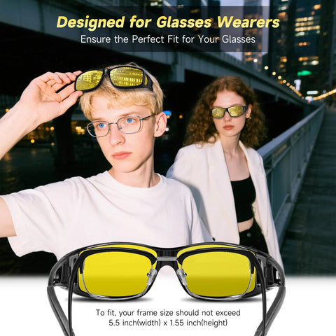 Two people wearing Over Glasses Night Driving Glasses With Polarized UV400 Anti Glare Yellow Lens, designed for glasses wearers at night.
