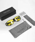 Over Glasses Night Driving Glasses With Polarized UV400 Anti Glare Yellow Lens, shown with case and cleaning cloth