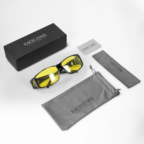 Over Glasses Night Driving Glasses With Polarized UV400 Anti Glare Yellow Lens, shown with case and cleaning cloth