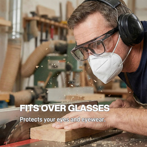 Over Glasses Safety Goggles Anti Fog ANSI Z87 Eye Protection For All worn by man working with wood in workshop