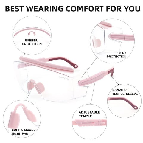 Over Glasses Safety Goggles With Anti Fog Clear Wraparound Lens ANSI Z87.1 highlighting comfort features like nose pad and adjustable temples