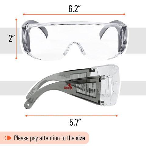 Over Glasses Safety Goggles Anti Fog For Prescription Eyewear And Work with size dimensions highlighted