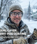 Man wearing Over Glasses Safety Goggles Anti Fog ANSI Z87 Eye Protection For All in snowy outdoor environment.