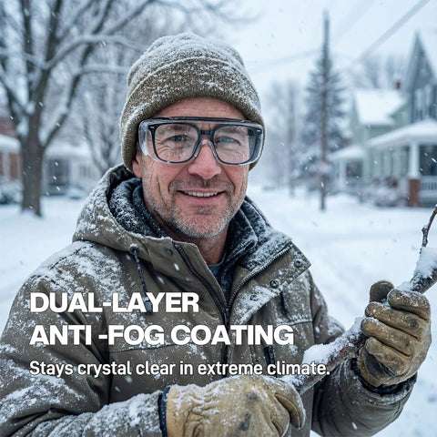 Man wearing Over Glasses Safety Goggles Anti Fog ANSI Z87 Eye Protection For All in snowy outdoor environment.