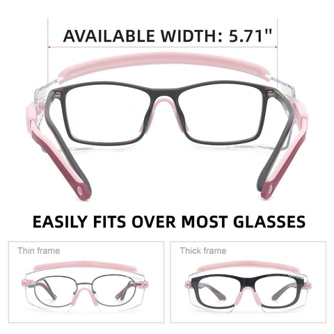 Over Glasses Safety Goggles With Anti Fog Clear Wraparound Lens ANSI Z87.1 showing fit over 5.71-inch wide glasses