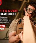 Craftsman wearing Over Glasses Safety Goggles Anti Fog ANSI Z87.1 Panoramic Lens Adjustable Strap while measuring wood