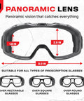 Over Glasses Safety Goggles Anti Fog ANSI Z87.1 Panoramic Lens Adjustable Strap dimensions and fit over various eyeglass shapes.