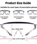 Size guide for Over Glasses Safety Goggles Anti Fog ANSI Z87 Eye Protection, showing fit over square, rectangle, and round glasses.