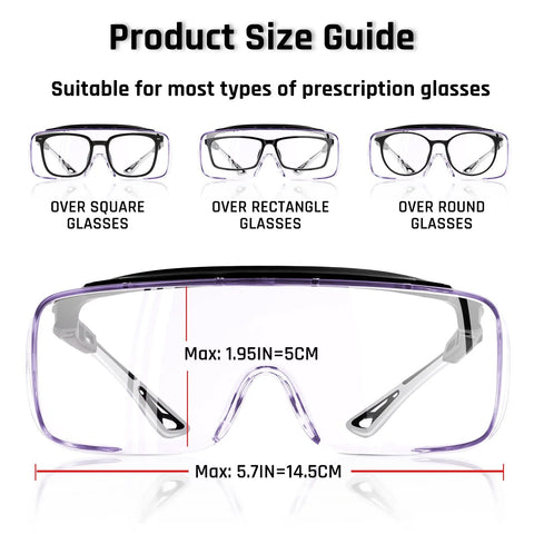 Size guide for Over Glasses Safety Goggles Anti Fog ANSI Z87 Eye Protection, showing fit over square, rectangle, and round glasses.