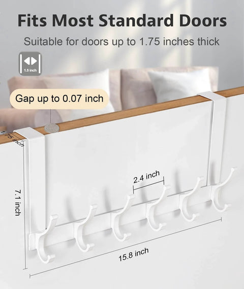 Over-door hanger with 6 hooks, fits 1.75-inch thick doors, measures 15.8 inches wide and 7.1 inches tall, shown on wooden door.