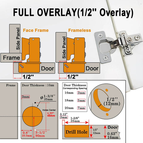 Diagram of 24 Pack Half Inch Overlay Soft Close Cabinet Hinges for frameless and face frame cabinets with measurements
