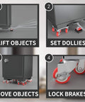 Steps to use Oversize Furniture Dolly with 5 Wheels: lifting, setting, moving objects, and locking brakes with rotatable rubber wheels.