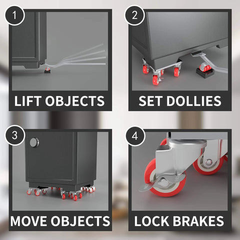 Steps to use Oversize Furniture Dolly with 5 Wheels: lifting, setting, moving objects, and locking brakes with rotatable rubber wheels.