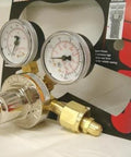Oxygen Cylinder Regulator With CGA 540 Inlet And 9/16-18RH B Outlet, dual gauges, brass fittings, for welding use, front view.