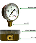 Replacement 2.5 Inch Gauge Set For Oxygen Regulators With 30 Psi Low Pressure And 400 Psi High Pressure, aluminum dial, 1/4 NPT