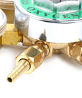Close-up of Oxygen Regulator For Large Gas Tank With Dual Two And Five Eighths Inch Gauges 0 To 200 PSI Outlet Solid Brass Body