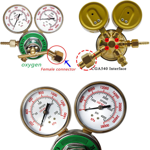 Heavy Duty Oxygen Regulator for Welding and Cutting Torch Kit in Full Brass, CGA 540, large tank gauges, inlet 0-4000 psi, outlet 0-200 psi