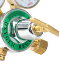 Close-up of Oxygen Regulator For Large Gas Tank With Dual Two And Five Eighths Inch Gauges 0 To 200 PSI Outlet And 0 To 4000 PSI Inlet CGA 540 Female Solid Brass Body Welding Torch Regulator For MIG TIG Yaetek.
