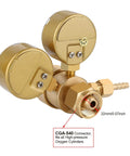 Close-up of oxygen welding regulator CGA 540 with dual 2-inch gauges for pressure regulation in welding and oxy-fuel cutting.