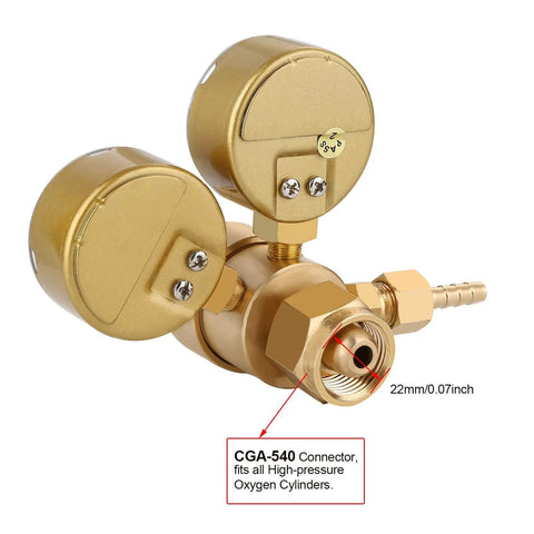 Close-up of oxygen welding regulator CGA 540 with dual 2-inch gauges for pressure regulation in welding and oxy-fuel cutting.
