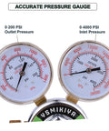Close-up of dual gauges on Heavy Duty Oxygen Regulator For Large Tanks By Ysmikiya showing 0-200 PSI outlet and 0-4000 PSI inlet.