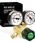 Oxygen Regulator For Welding Gas Gauges CGA 540 Inlet, RX WELD Pro Grade, dual gauges, showing PSI ranges, black PC handle.