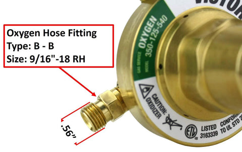 Beefed-Up Heavy Duty Oxygen Regulator 350-125-540 CGA-540 with brass hose fitting, labeled dimensions and specifications visible.
