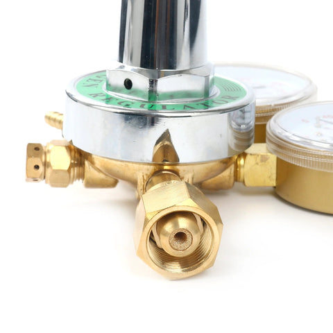 Close-up of Oxygen Regulator For Large Gas Tank With Dual Two And Five Eighths Inch Gauges, Solid Brass Body, and CGA 540 Inlet
