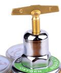 Close-up of Heavy Duty Oxygen Regulator For Large Tanks By Ysmikiya with beefy brass chrome plated body and dual gauges