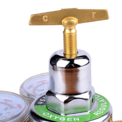 Close-up of Heavy Duty Oxygen Regulator For Large Tanks By Ysmikiya with beefy brass chrome plated body and dual gauges